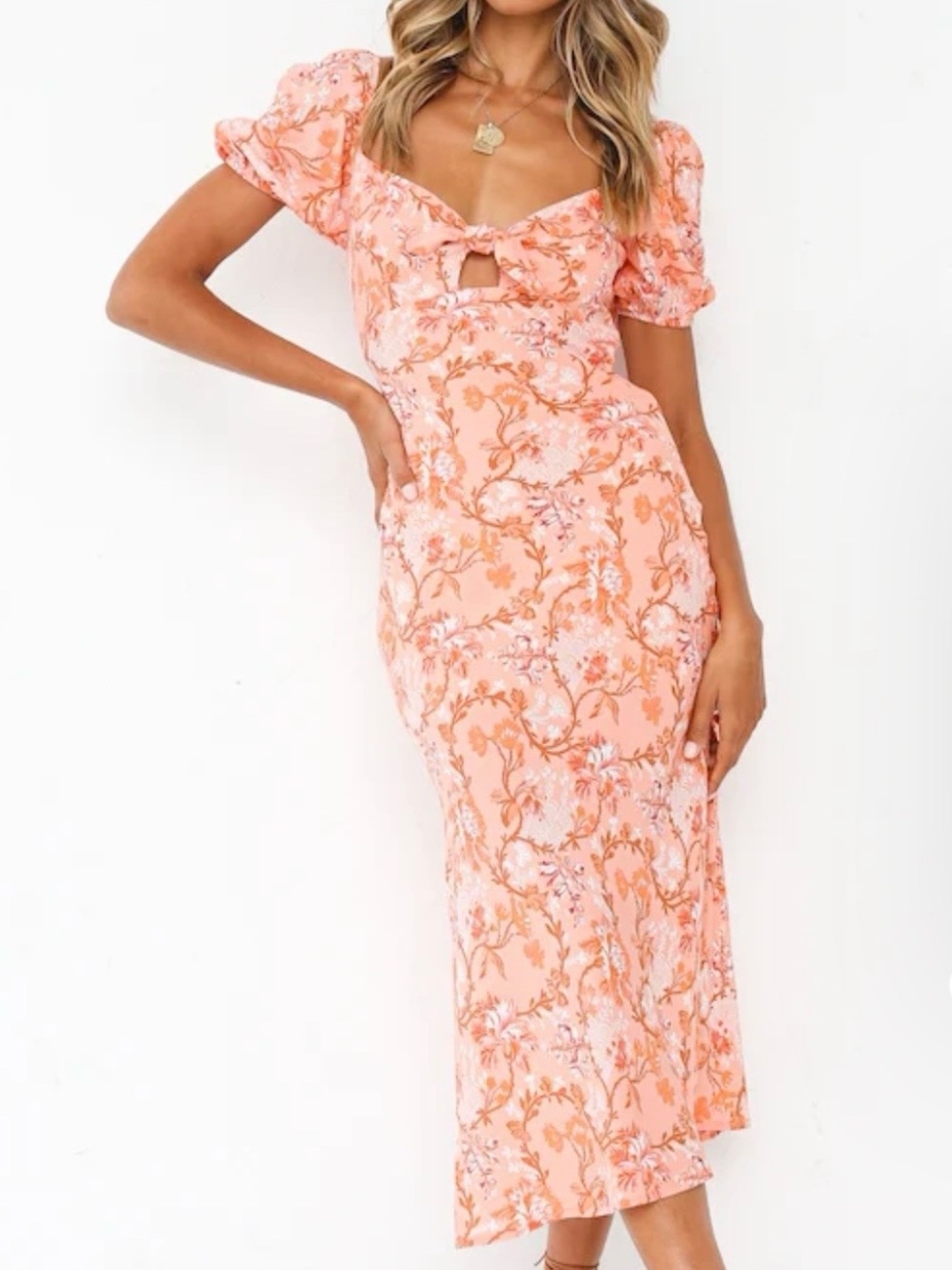 Hello Molly - Peach Floral Tie-Front Midi Dress